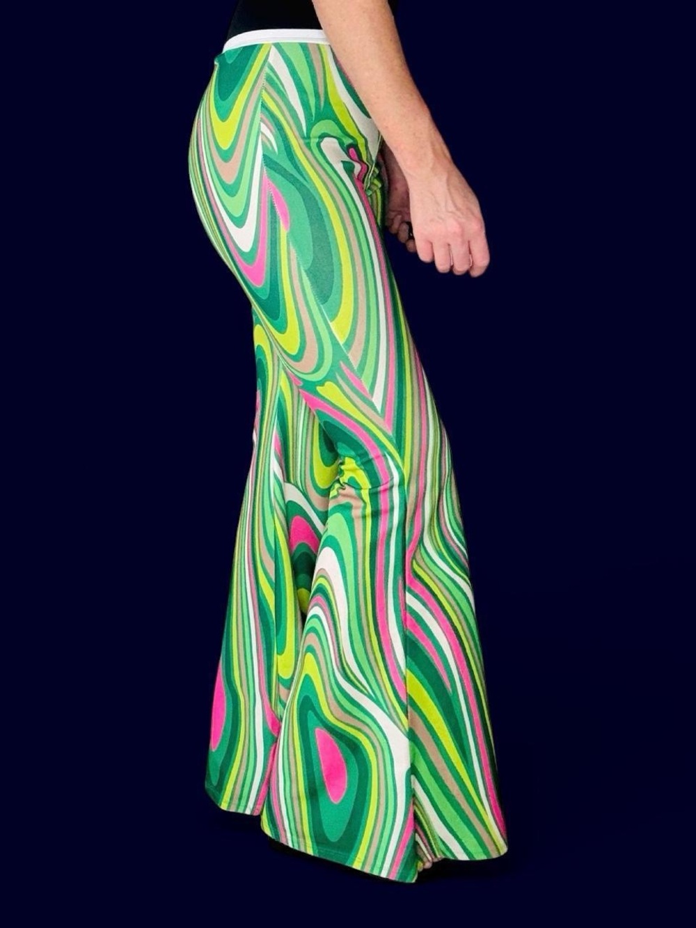 Retro Pink Green Psychedelic Printed Hippie Festival High Rise Flare Pants - Picture 5 of 9